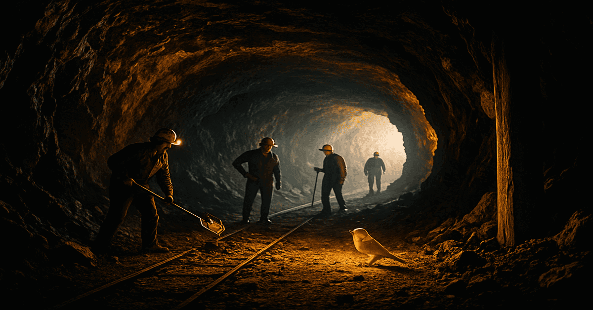 Minatori al lavoro in galleria, luce calda e forte contrasto