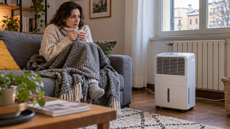 Deumidificatore portatile accanto al divano in un ambiente domestico