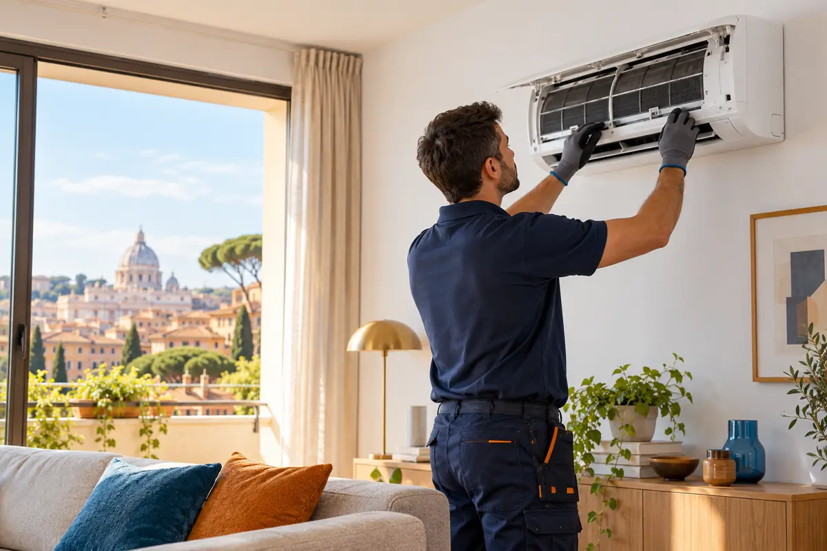 Immagine illustrativa di un tecnico durante la verifica di un climatizzatore a Roma