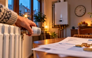 Mano che regola la valvola di un termosifone, con bolletta e monete sul tavolo e caldaia sullo sfondo