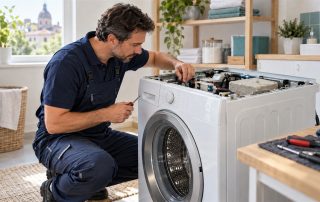 Tecnico al lavoro su una lavatrice: immagine illustrativa generata con IA sul diritto alla riparazione