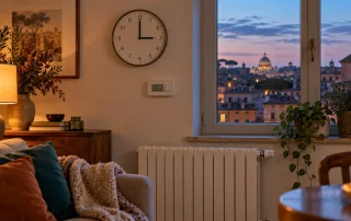Orologio, termostato e termosifone in una casa a Roma al tramonto