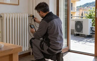 Tecnico che controlla un radiatore in ghisa, con pompa di calore sul balcone: immagine illustrativa generata con IA