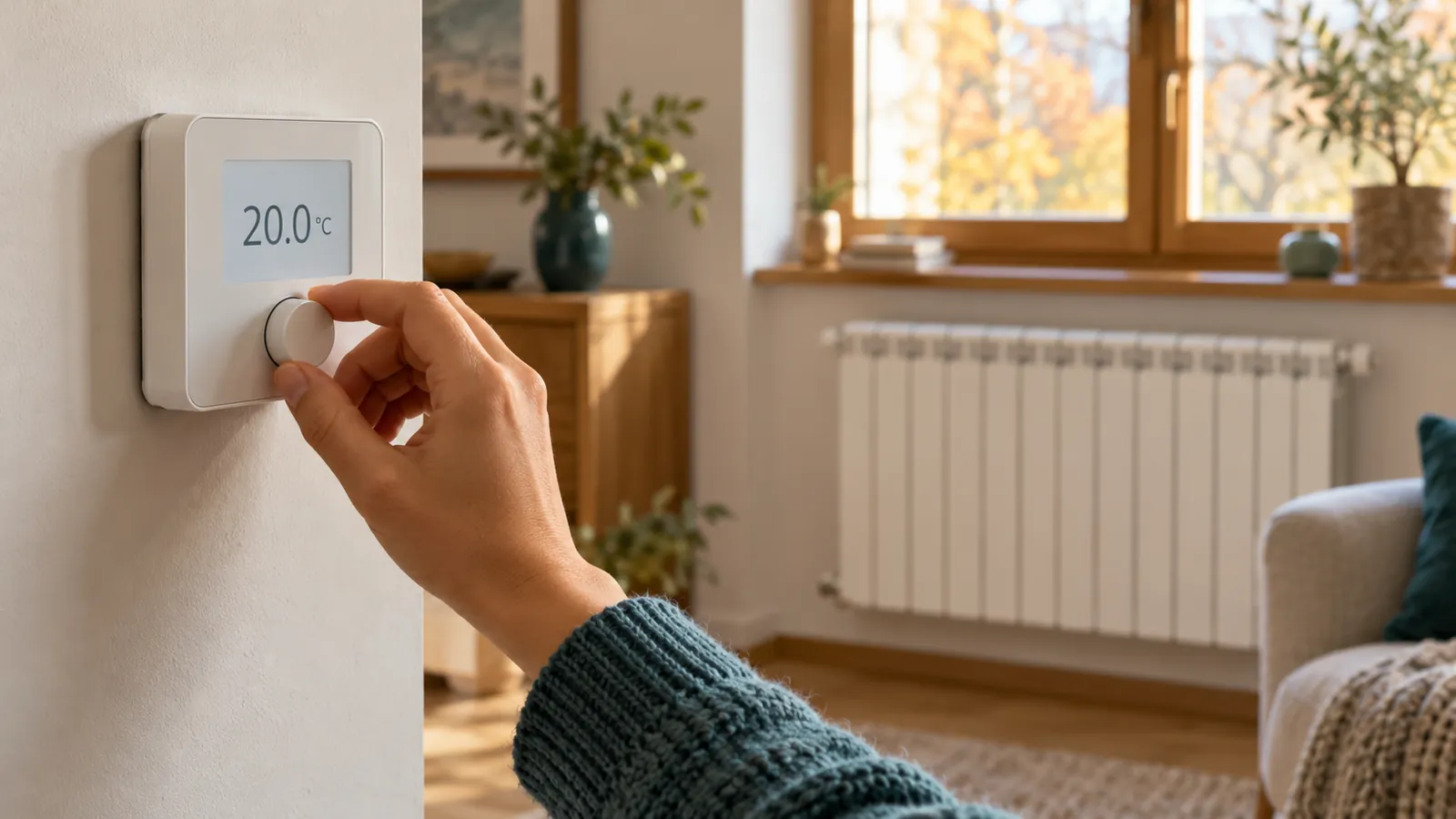 Mano che regola un termostato ambiente vicino a un termosifone