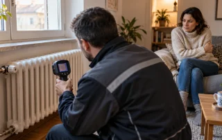 Tecnico con termocamera davanti a un termosifone e donna infreddolita sul divano: immagine illustrativa generata con IA